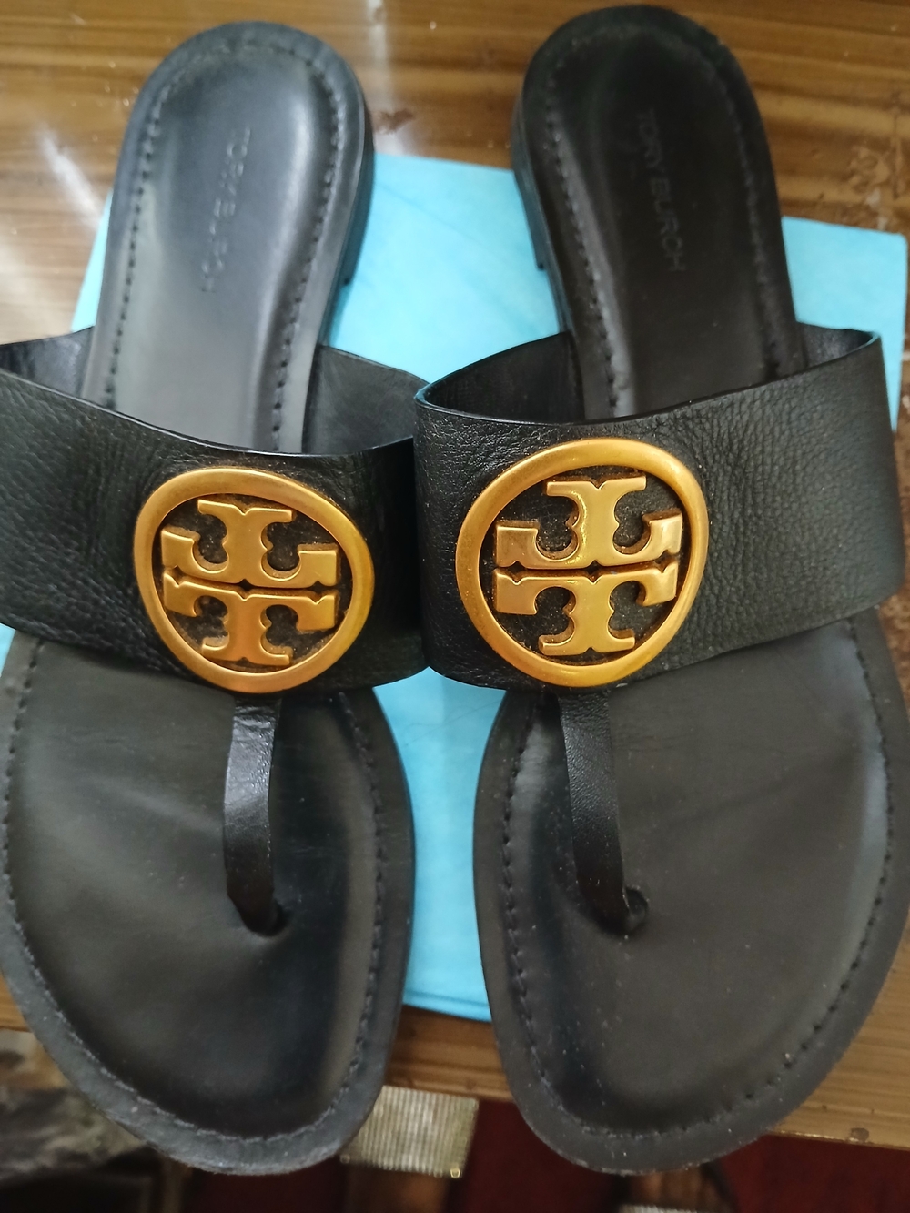 Tory Burch Black Leather Thong Sandals with Gold Logo
